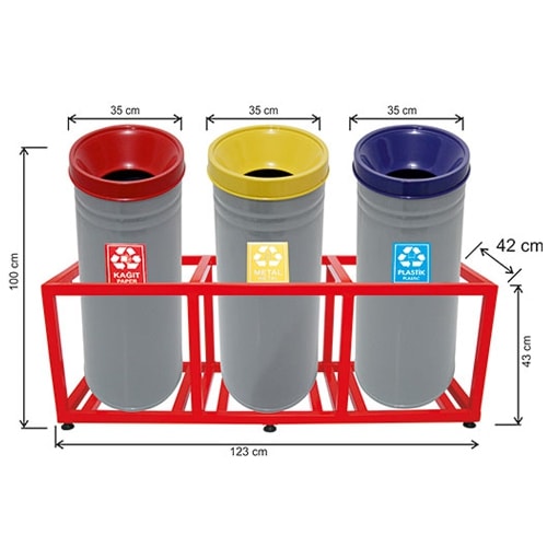 1810 Kafesli Boyalı 3 Bölmeli Sıfır Atık Geri Dönüşüm Seti