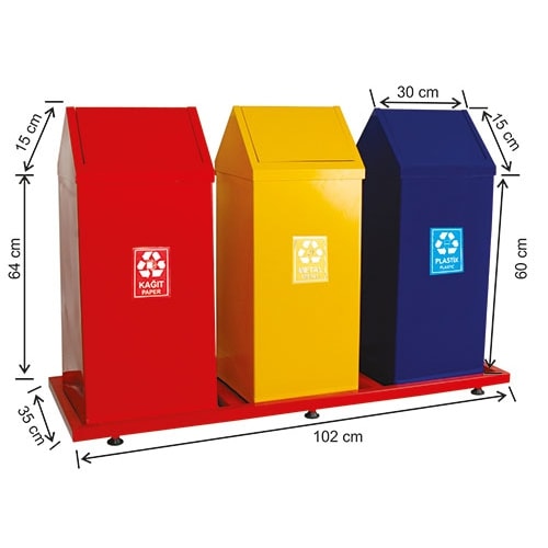 1834 Boyalı Çatı Kapaklı 3 Bölmeli Sıfır Atık Geri Dönüşüm Seti