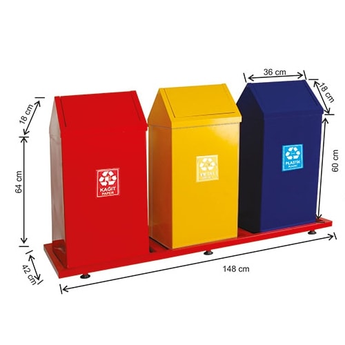 1835 Boyalı Çatı Kapaklı 3 Bölmeli Sıfır Atık Geri Dönüşüm Seti
