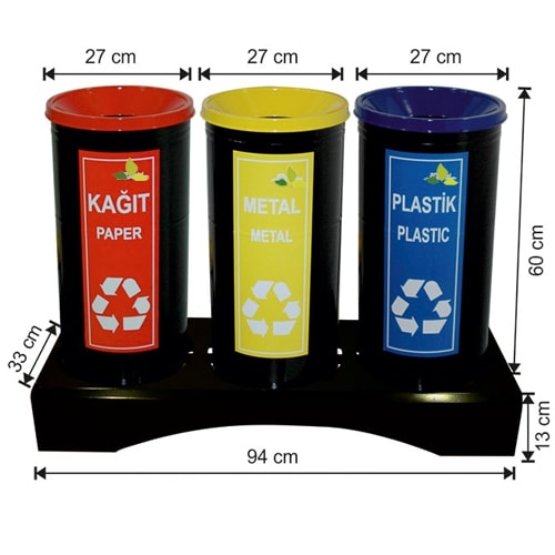 1840 Boyalı 3 Bölmeli Sıfır Atık Geri Dönüşüm Seti