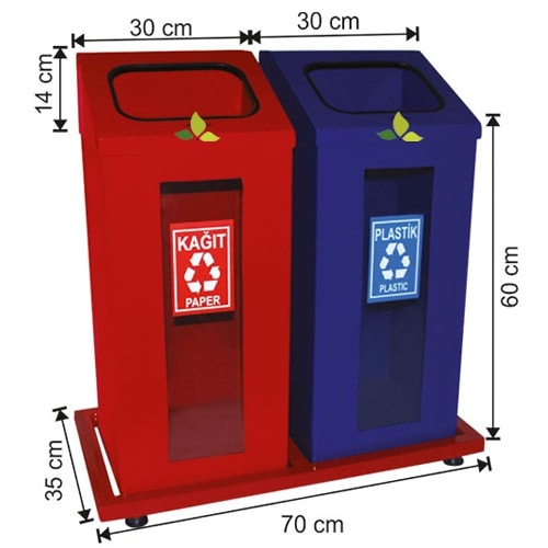 1853 Boyalı Şeffaf Camlı 2 Bölmeli Sıfır Atık Geri Dönüşüm Seti