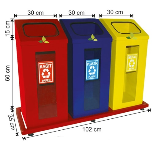 1858 Boyalı Şeffaf Camlı 3 Bölmeli Sıfır Atık Geri Dönüşüm Seti