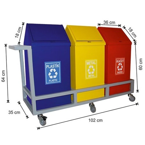 1862 Kafesli Tekerlekli Boyalı 3 Bölmeli Sıfır Atık Geri Dönüşüm Seti